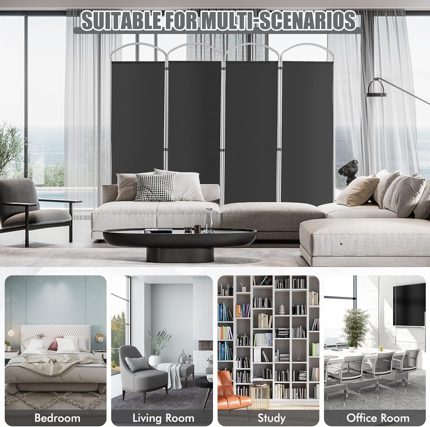 4 Panel Grey Folding Room Divider Privacy Screen Freestanding Partition 221x188c