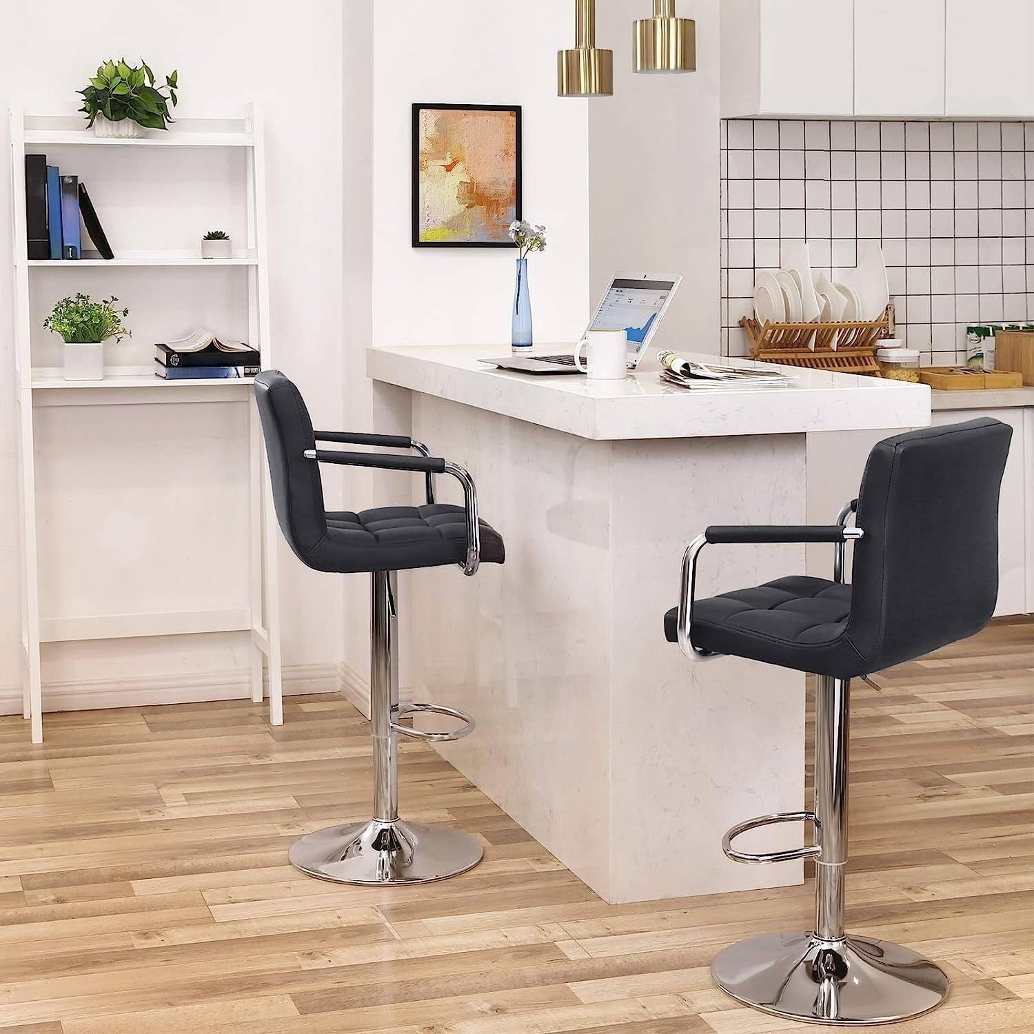 Set of 2 Black Adjustable Swivel Bar Stools with Armrests & PU Leather