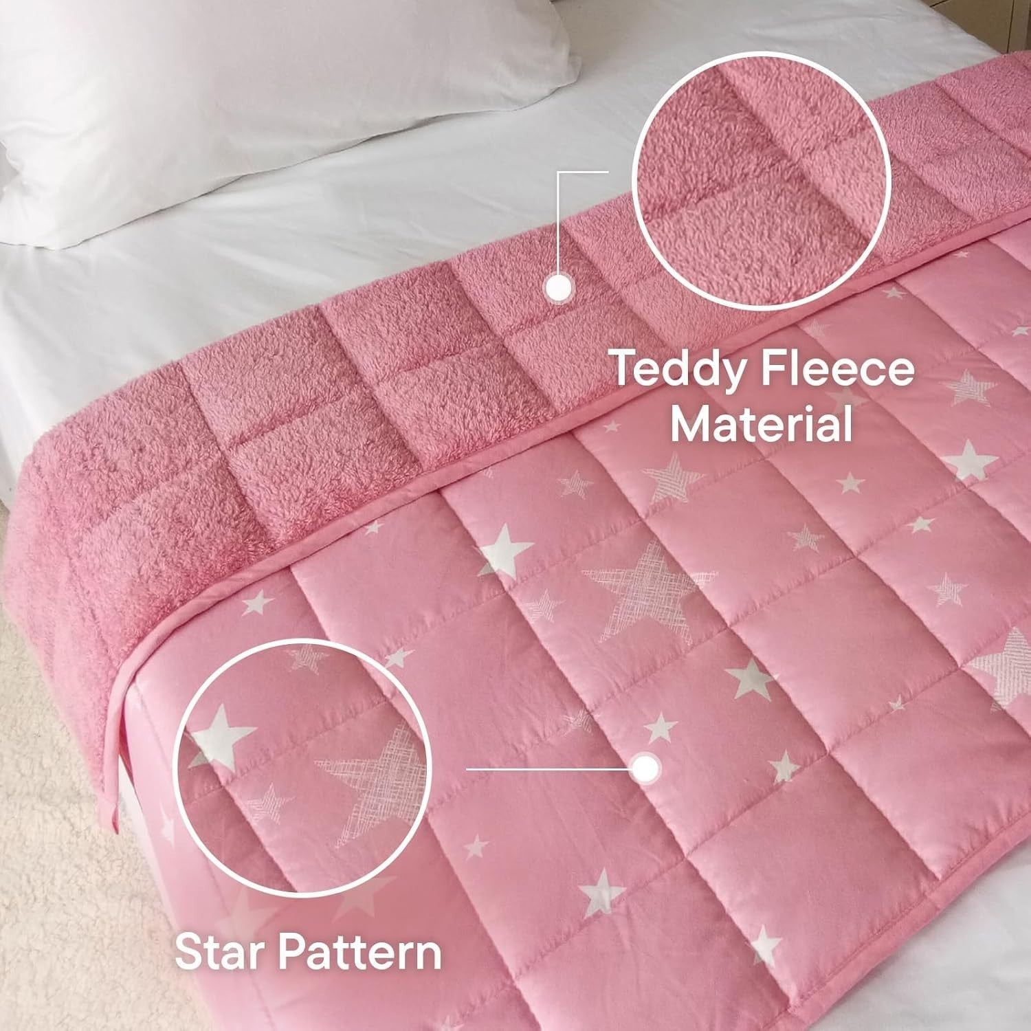 3kg Weighted Blanket, Blush Pink Star Teddy Fleece 100x150cm Calming Therapy