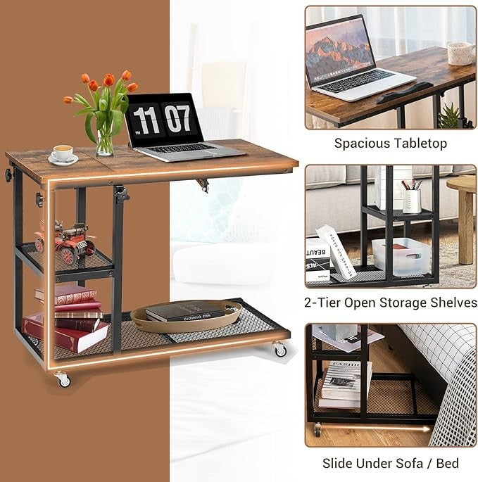 Rolling Sofa End Table Adjustable Laptop Desk Wheels Storage Rustic