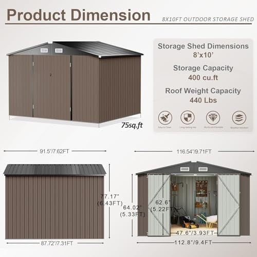 Metal Garden Shed 10x8ft Outdoor Storage Waterproof Tool Box Brown