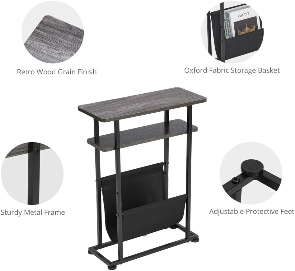 Slim Industrial Side Table with Magazine Holder & Adjustable Feet 18x42x55cm