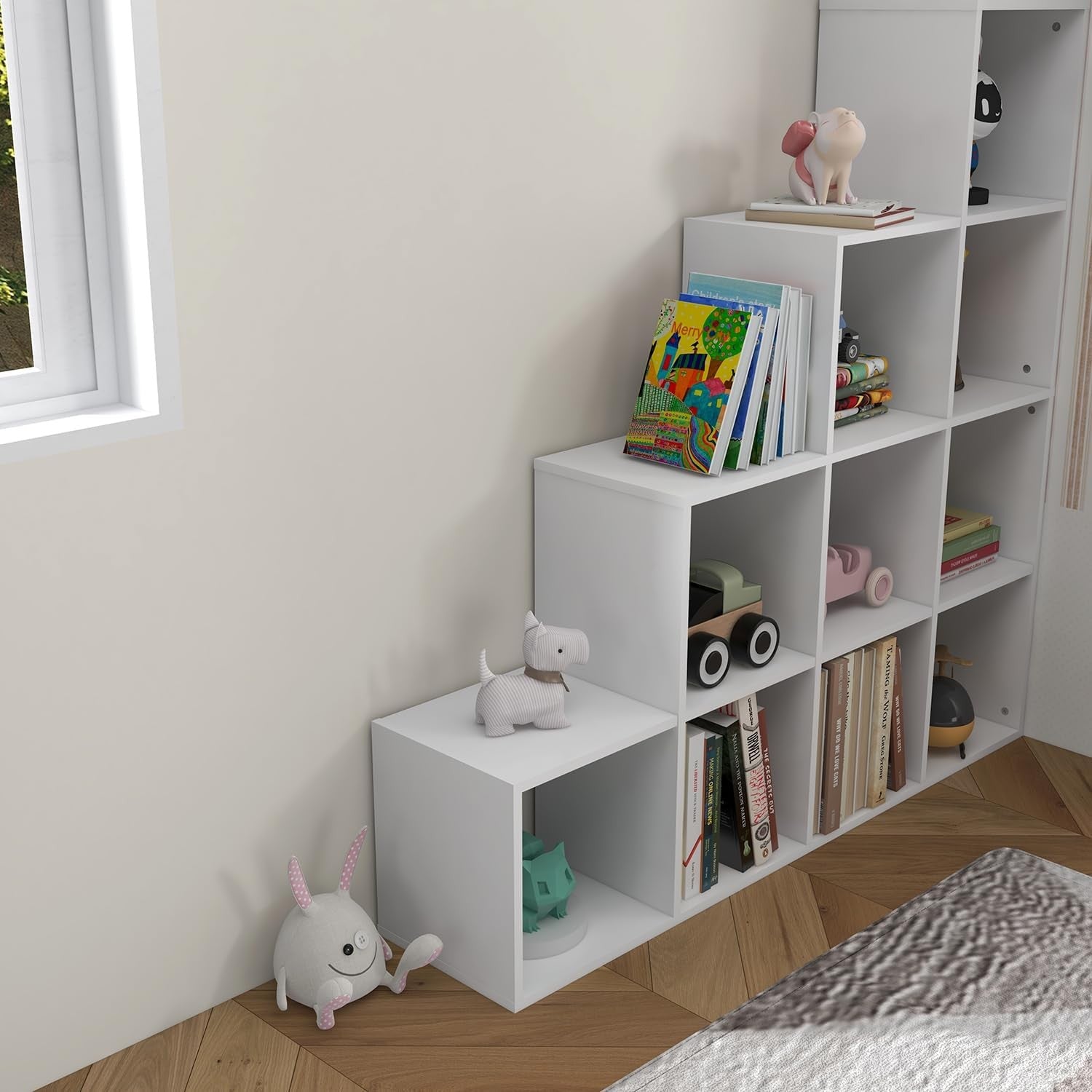 10-Cube Wooden Display Shelf Stair Bookcase Modern Storage Unit for Home & Offic