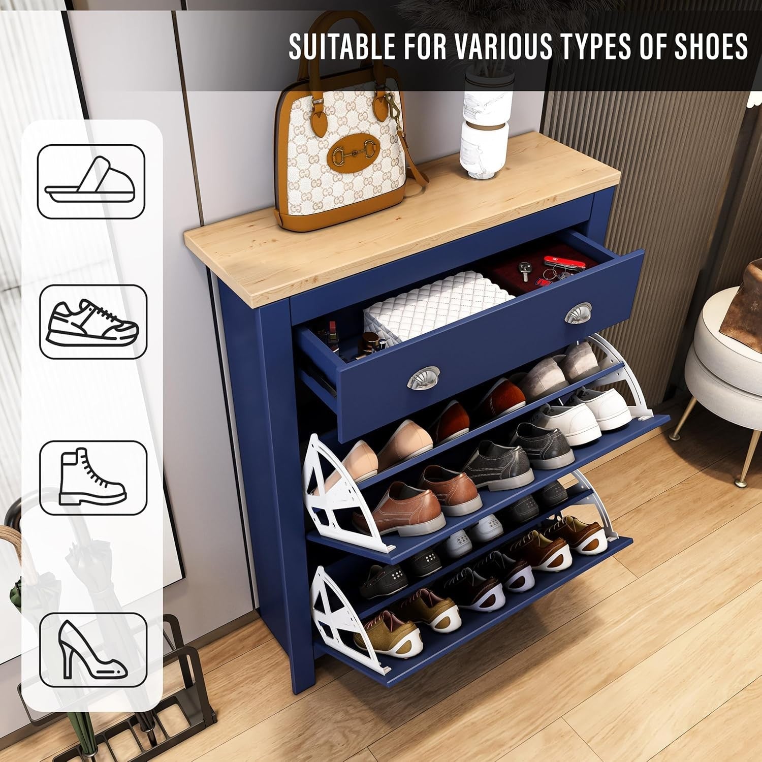 Slim Wooden Shoe Storage Cabinet with 2 Flip Drawers & Extra Drawer 78cm Blue