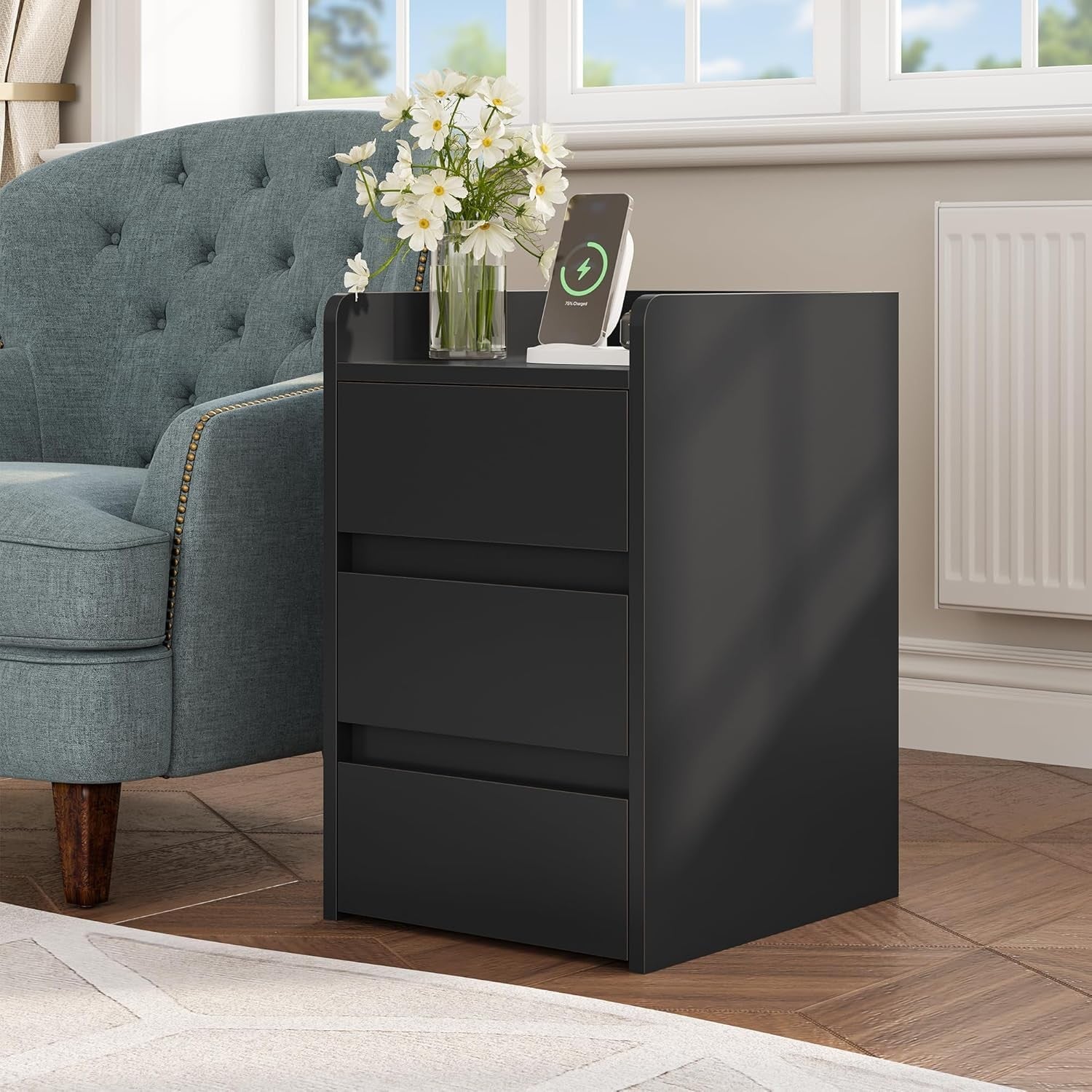 Black Bedside Table with 3 Drawers & Power Station | Modern Nightstand 35×59cm