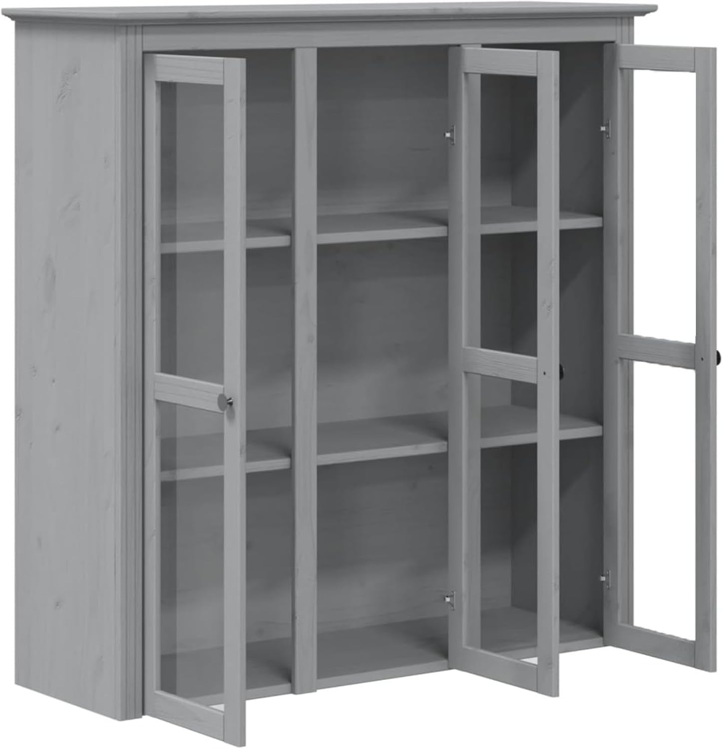 Grey Solid Wood Cabinet | 3 Glass Doors & Metal Handles 118cm