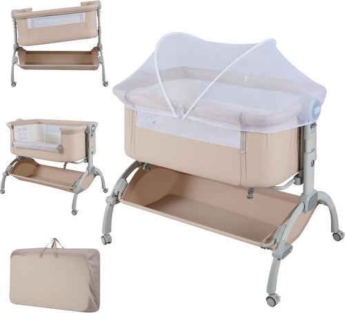Baby Bedside Crib Adjustable Bassinet with Mattress Newborn Sleeper Beige