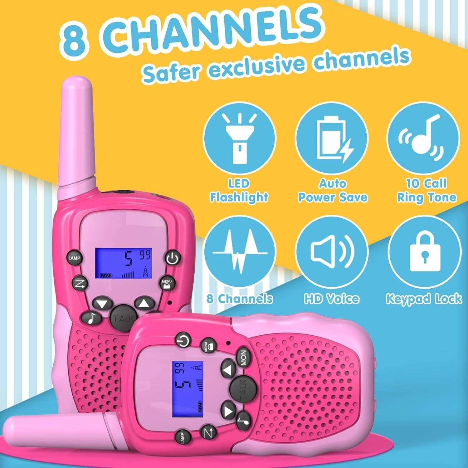 Kids Walkie Talkie Pink 8 Channel 3 Mile VOX LED Flashlight Toy