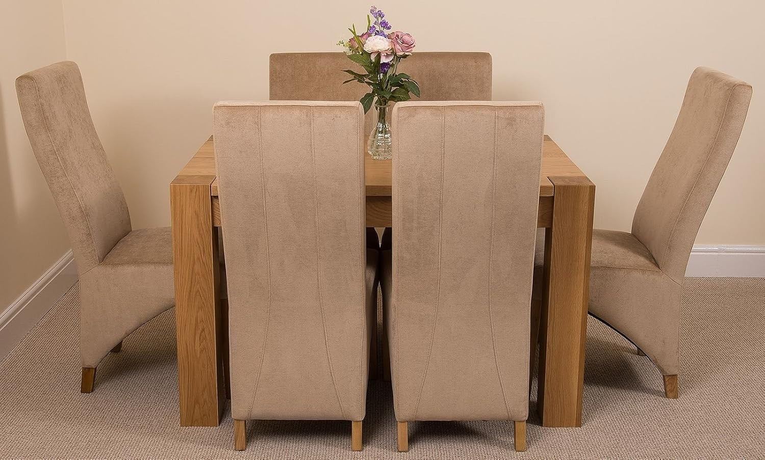 Solid Oak Dining Table Set 6 Beige Fabric Chairs 125x80cm Modern Finish