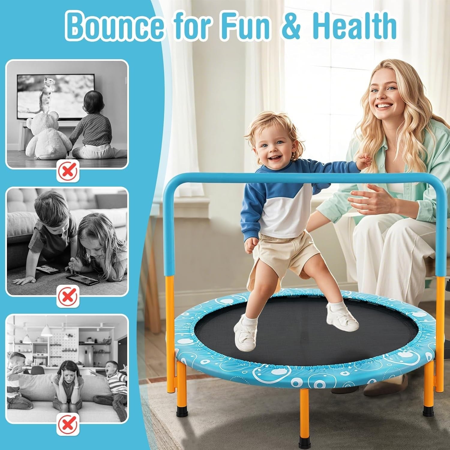 36'' Kids Mini Trampoline with Foam Handle Foldable Indoor Outdoor