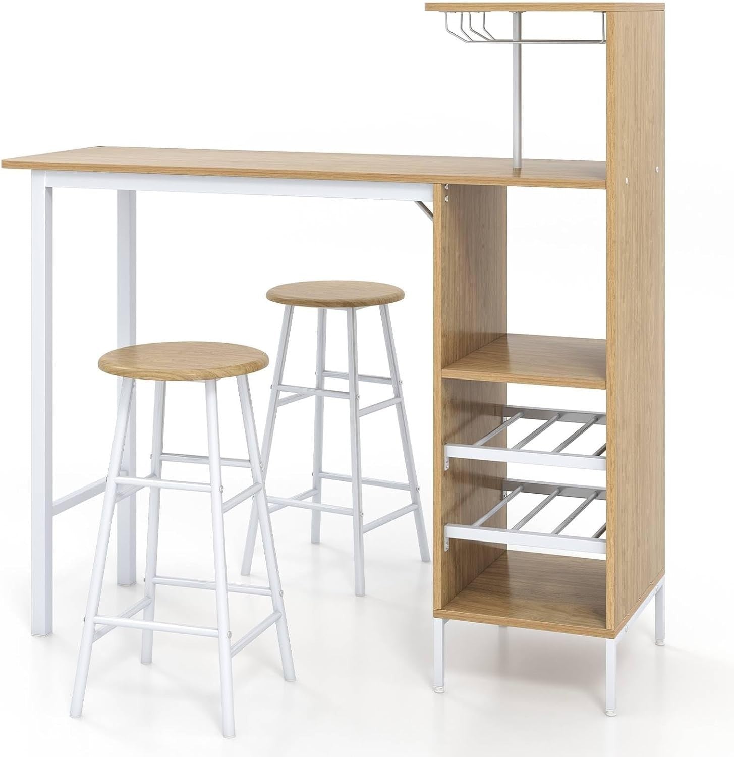 Natural 3-Piece Bar Table Set Shelves, Wine Rack & 2 Stools, Industrial Dining