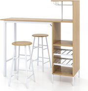 Natural 3-Piece Bar Table Set Shelves, Wine Rack & 2 Stools, Industrial Dining