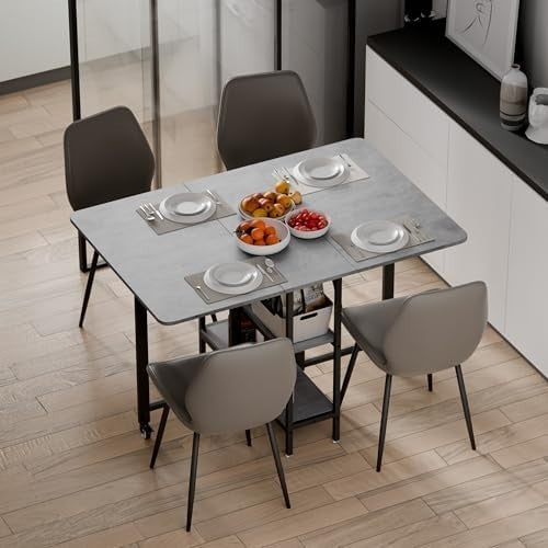Grey Drop Leaf Folding Dining Table with Storage Shelves 120cm