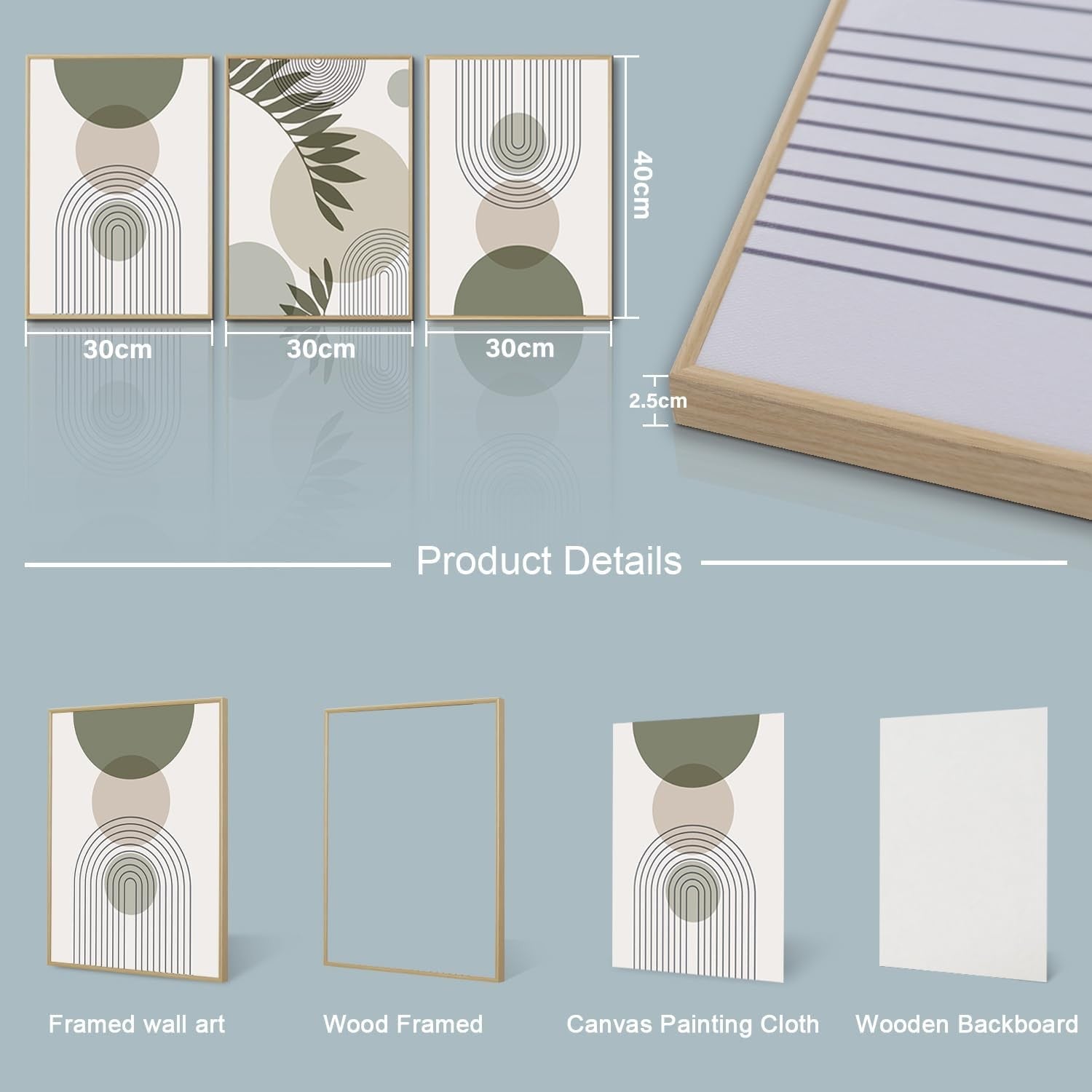 Sage Green Abstract Wall Art Set of 3 Framed Canvas Prints 12x16 Boho Decor
