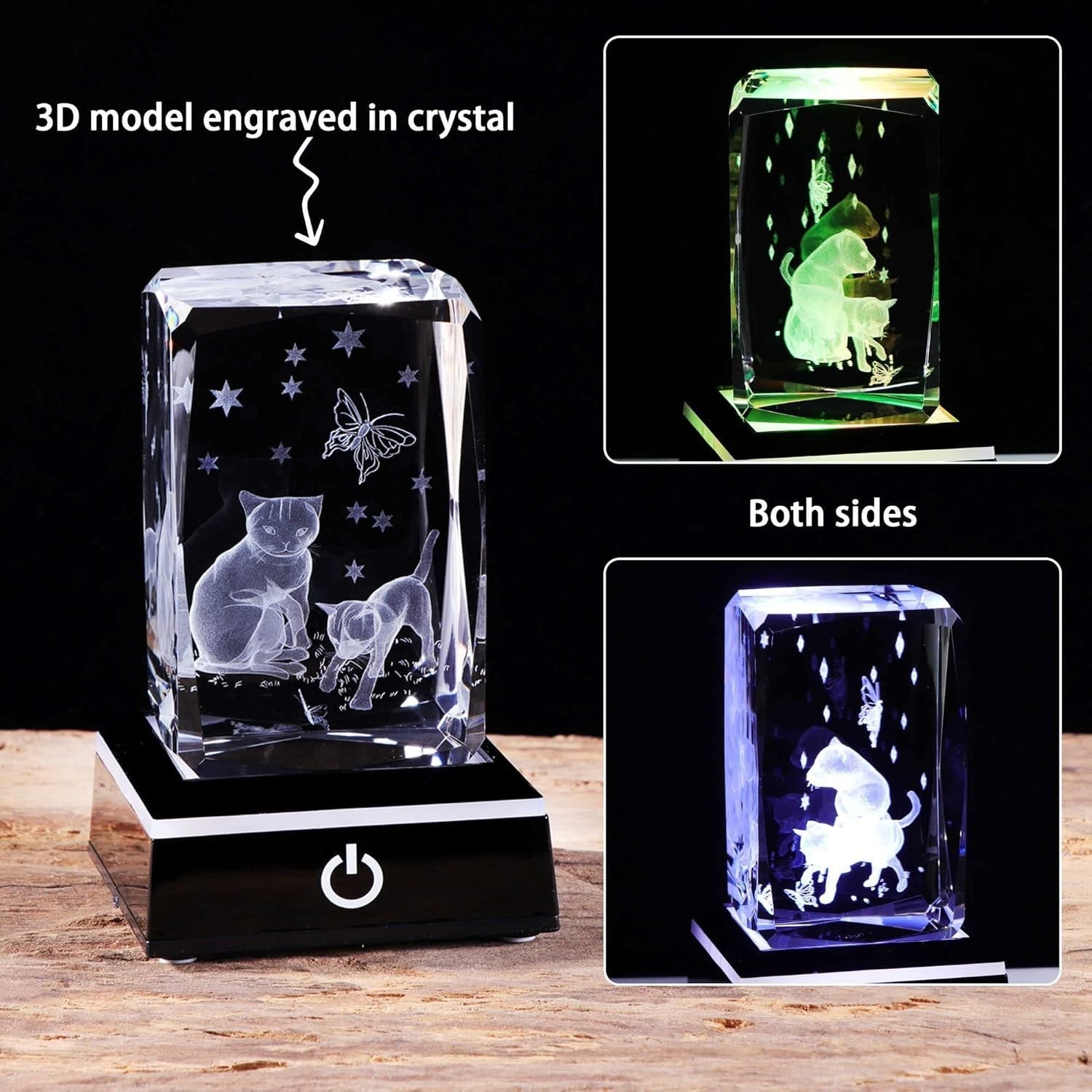 3D Crystal Cat & Butterfly Light Ornament • LED Colour-Changing Glass Gift Decor
