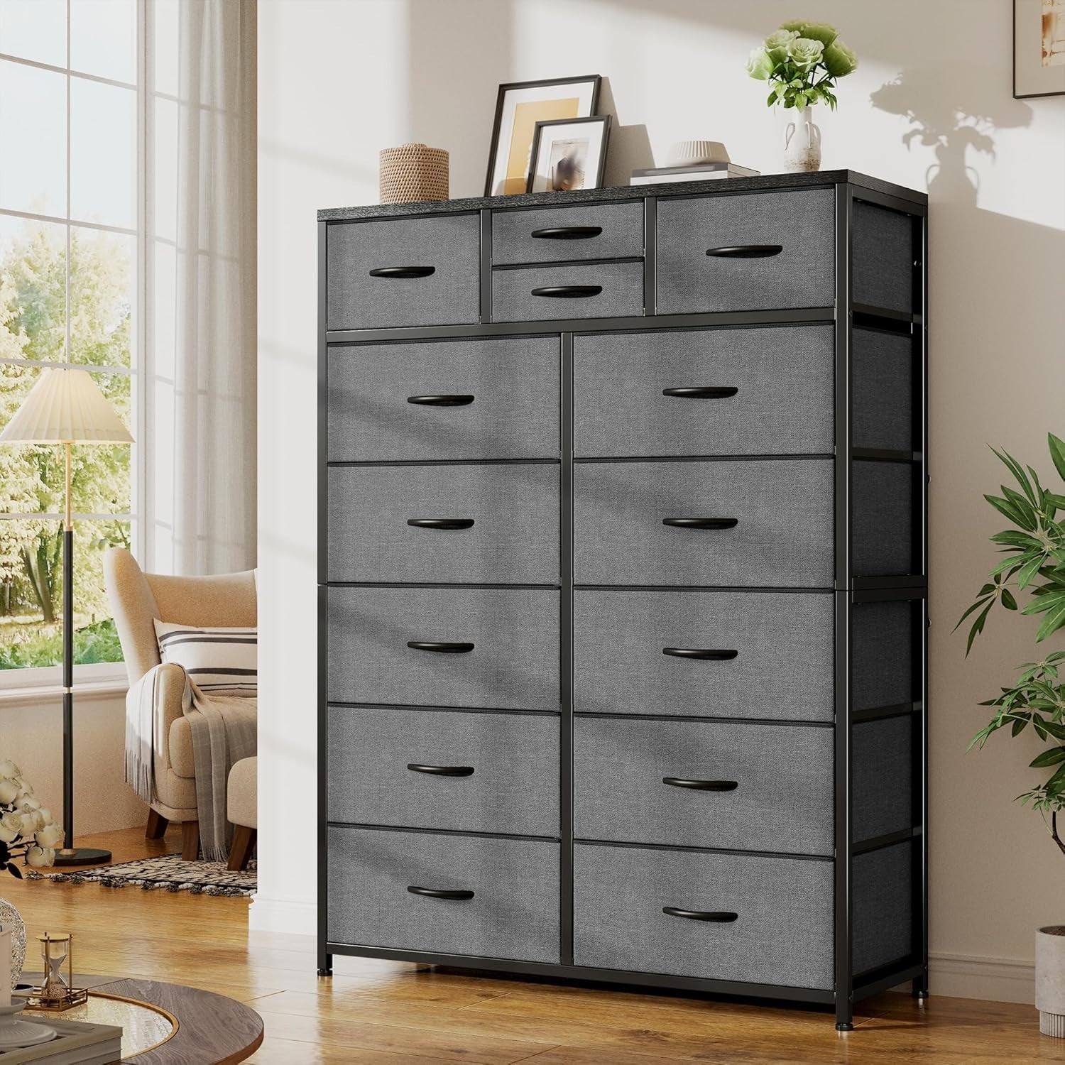 Tall Fabric Chest of 14 Drawers Storage Unit Grey, Bedroom Dresser