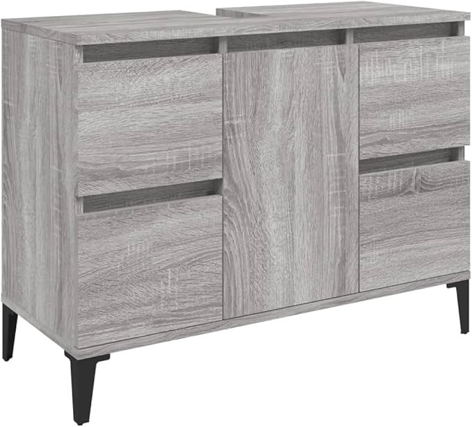 Grey Oak Under Sink Bathroom Cabinet 80cm Modern Vanity Unit with Drawers & Door