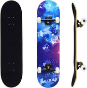 31in Beginner Skateboard Double Kick Maple Deck Blue Star Kids Adults + Tool