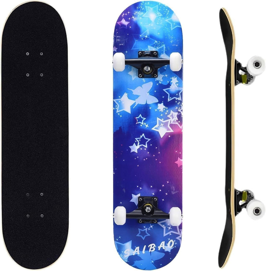 31in Beginner Skateboard Double Kick Maple Deck Blue Star Kids Adults + Tool