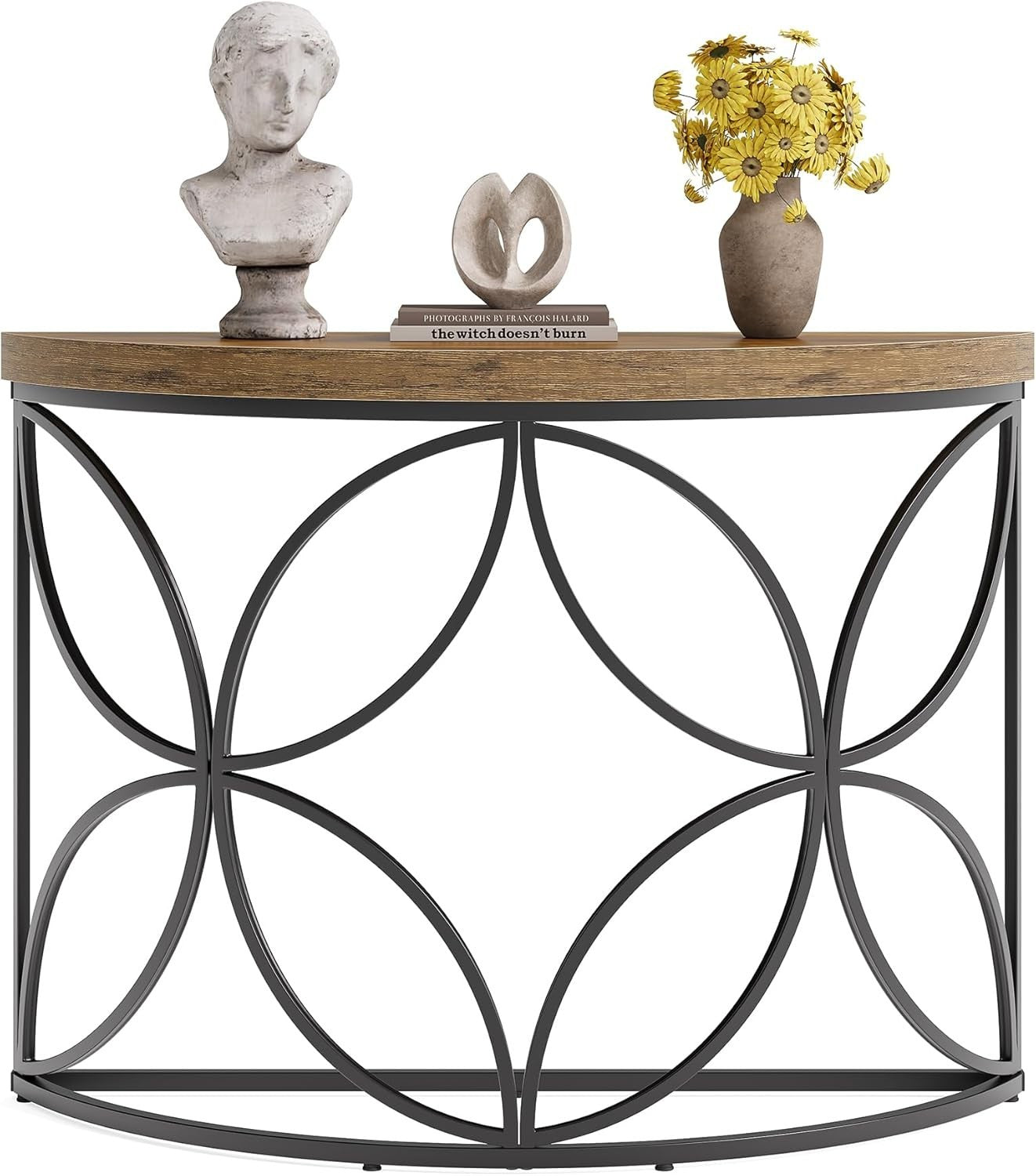 Half Moon Console Table – 110cm Rustic Entryway Table w/ Metal Frame