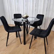 Round Black Glass Dining Table Set with 4 Tufted Chairs Modern Kitchen