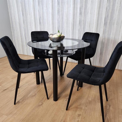 Round Black Glass Dining Table Set with 4 Tufted Chairs Modern Kitchen