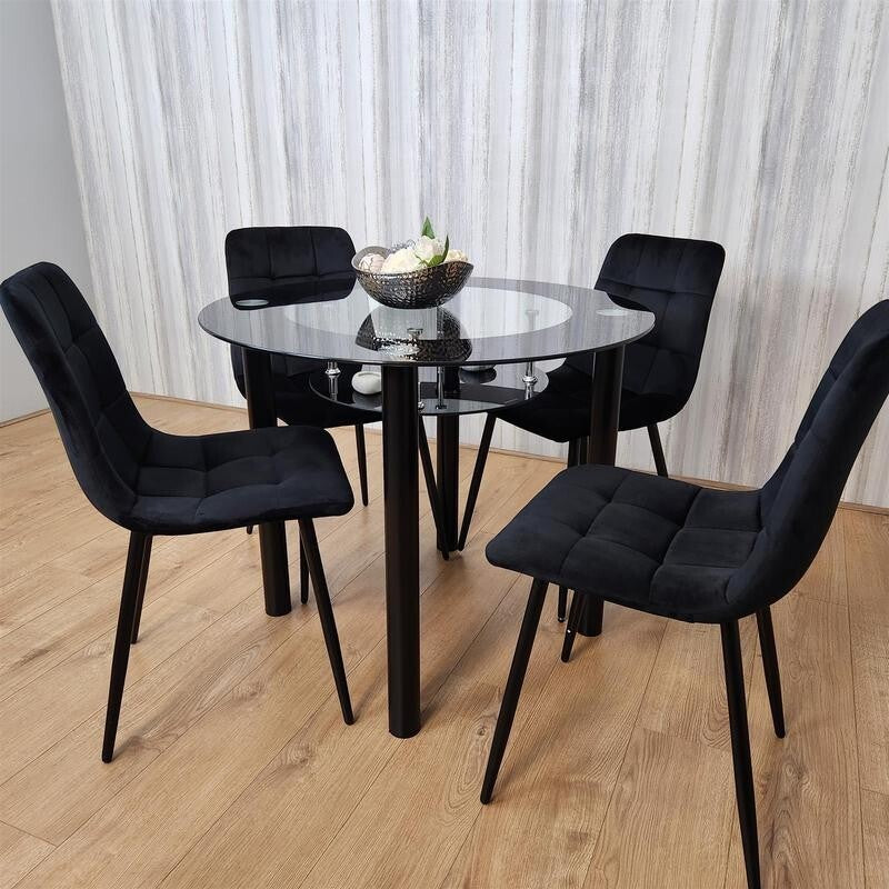 Round Black Glass Dining Table Set with 4 Tufted Chairs Modern Kitchen