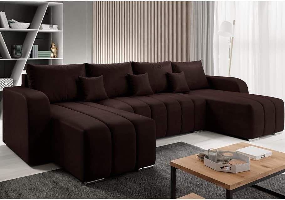 U-Shaped Sofa Bed with Storage, Adjustable Headrest, Velour Brown