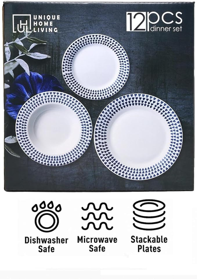 12pc White Ceramic Dinnerware Set Plates Bowls Service for 4 Blue Speckle