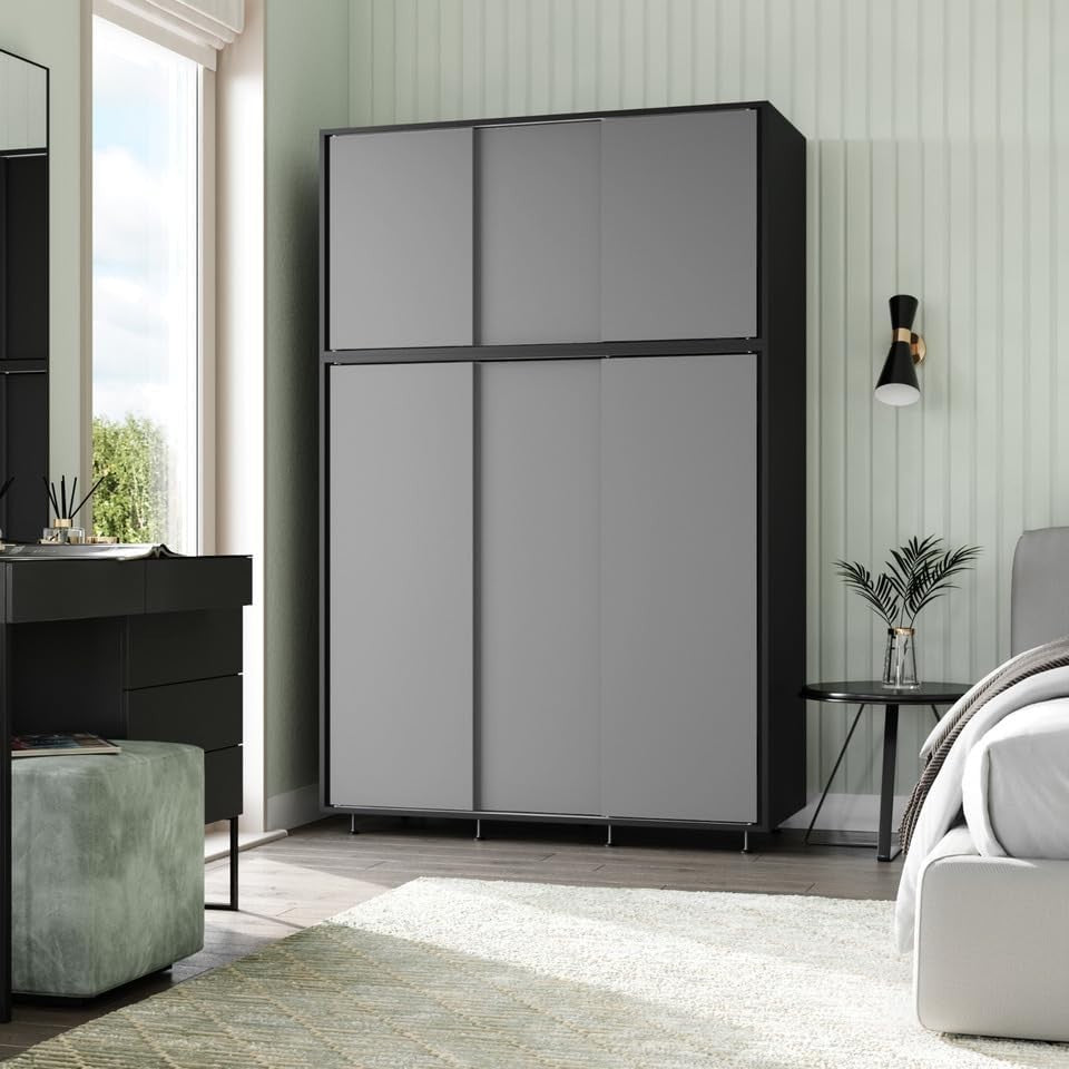 6-Door Grey Sliding Wardrobe with Adjustable Feet & Spacious Bedroom Storage