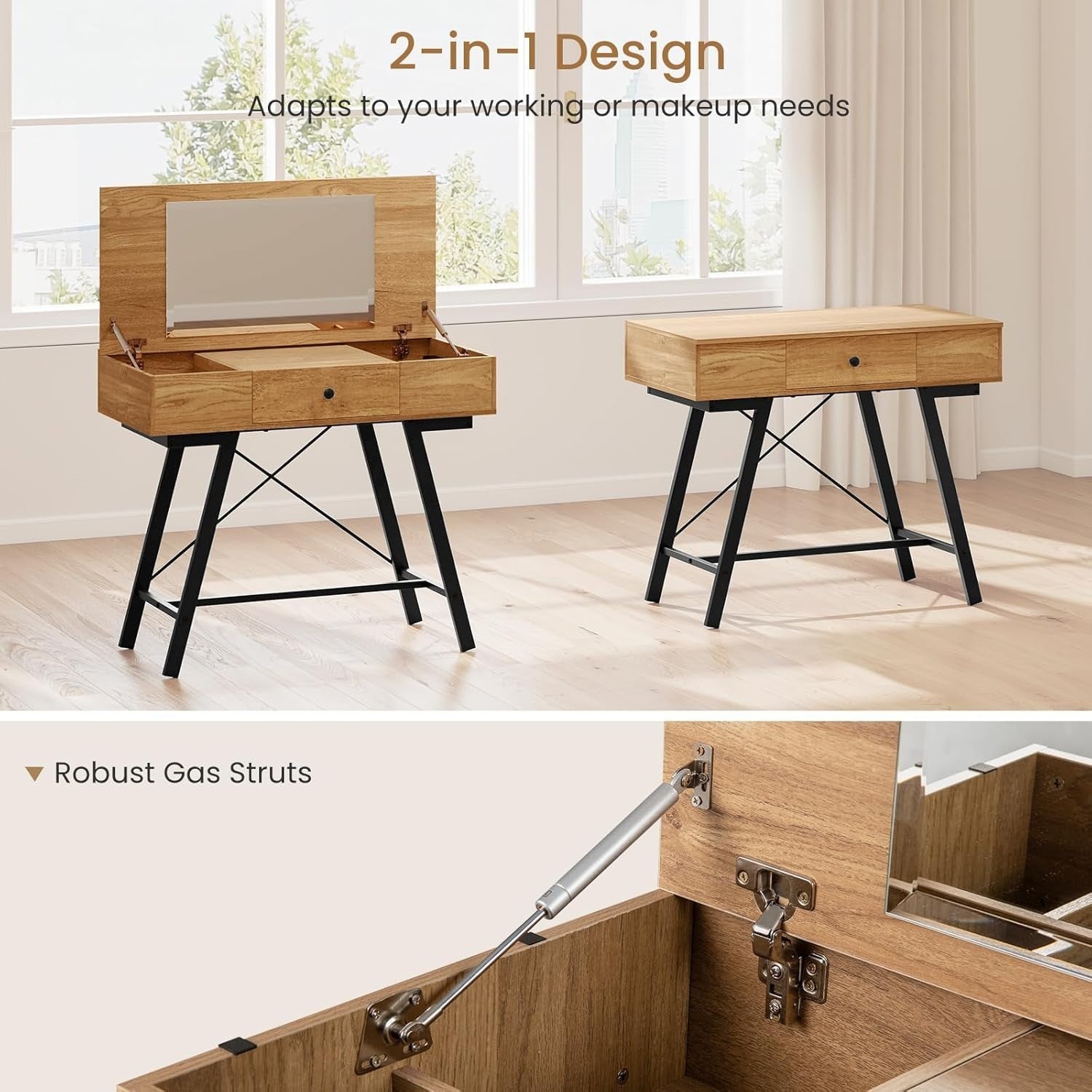 Flip Top Vanity Table Desk w/Mirror & Charging Station Rustic Wood Black