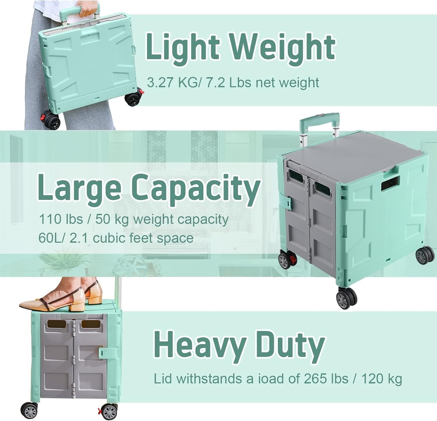 Foldable Grocery Trolley Cart 50Kg Portable Storage Box w/ Lid Green