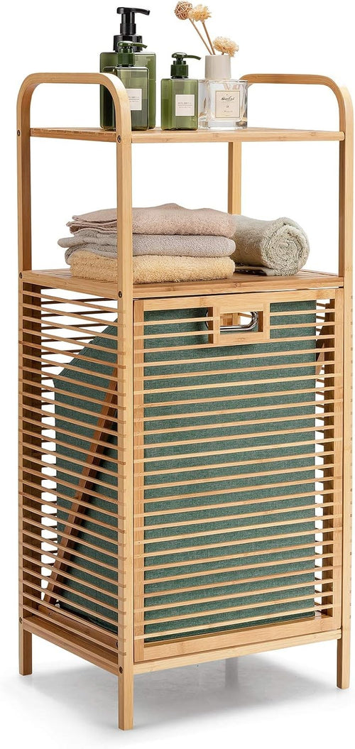 Bamboo 2-Tier Laundry Hamper with Pull-Out Bag & Storage Shelves Bathroom