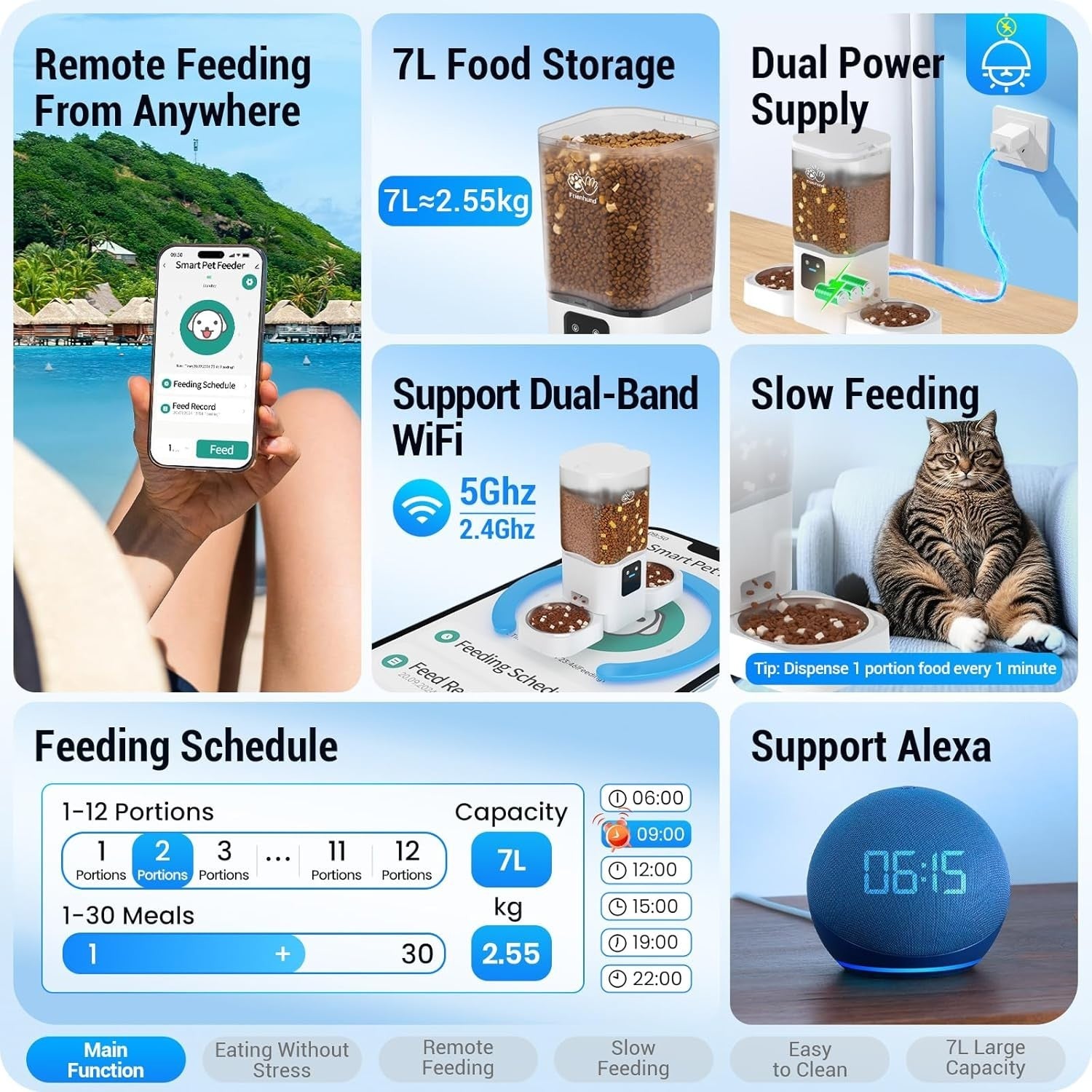 Automatic Cat Feeder 2 Cats WiFi App Control 7L Dual Bowl Alexa Timer