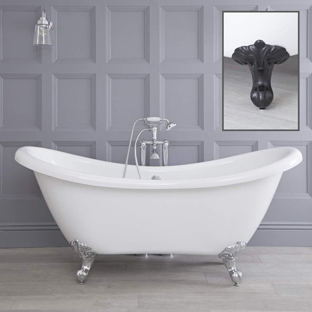 White Double Ended Freestanding Slipper Bath 1750x730mm Black Claw Feet