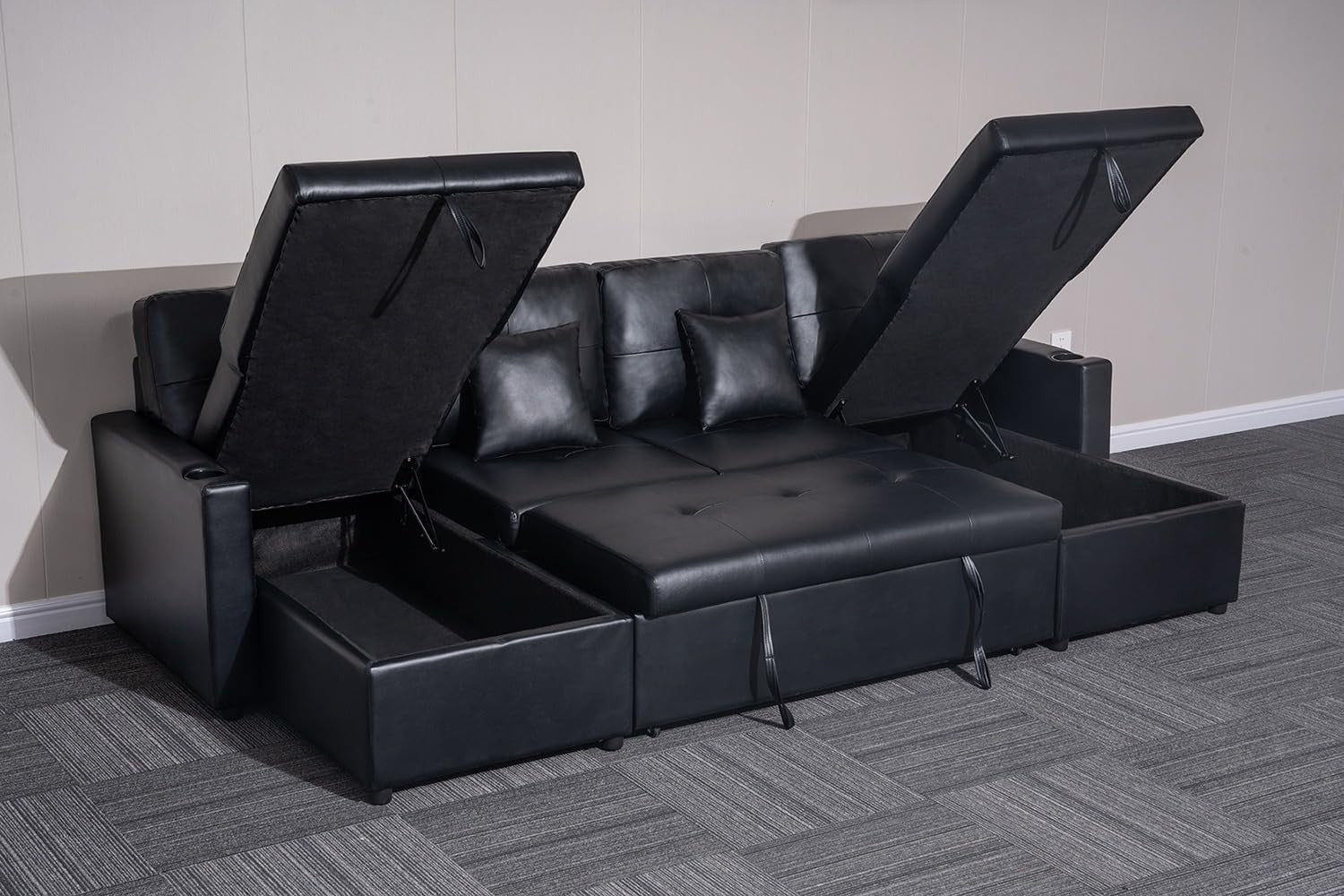 U Shaped Sofa Bed 4 Seater with Storage Pull Out Couch Black Fabric RH