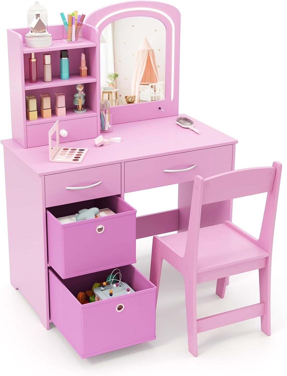 Kids Vanity Table Set with Mirror & Lights 3 Drawers Desk Storage Pink Children'