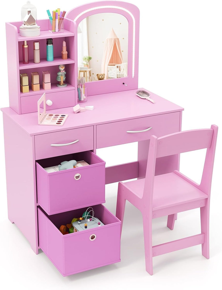 Kids Vanity Table Set with Mirror & Lights 3 Drawers Desk Storage Pink Children'