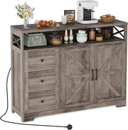 Wooden Sideboard Cabinet with Power Outlets 3 Drawer Storage Unit Grey