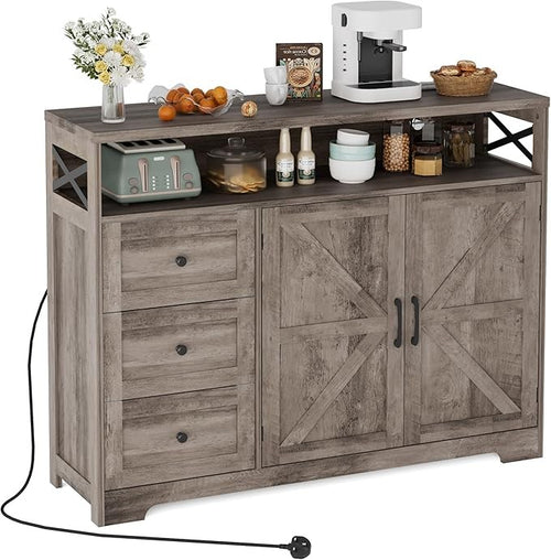 Wooden Sideboard Cabinet with Power Outlets 3 Drawer Storage Unit Grey