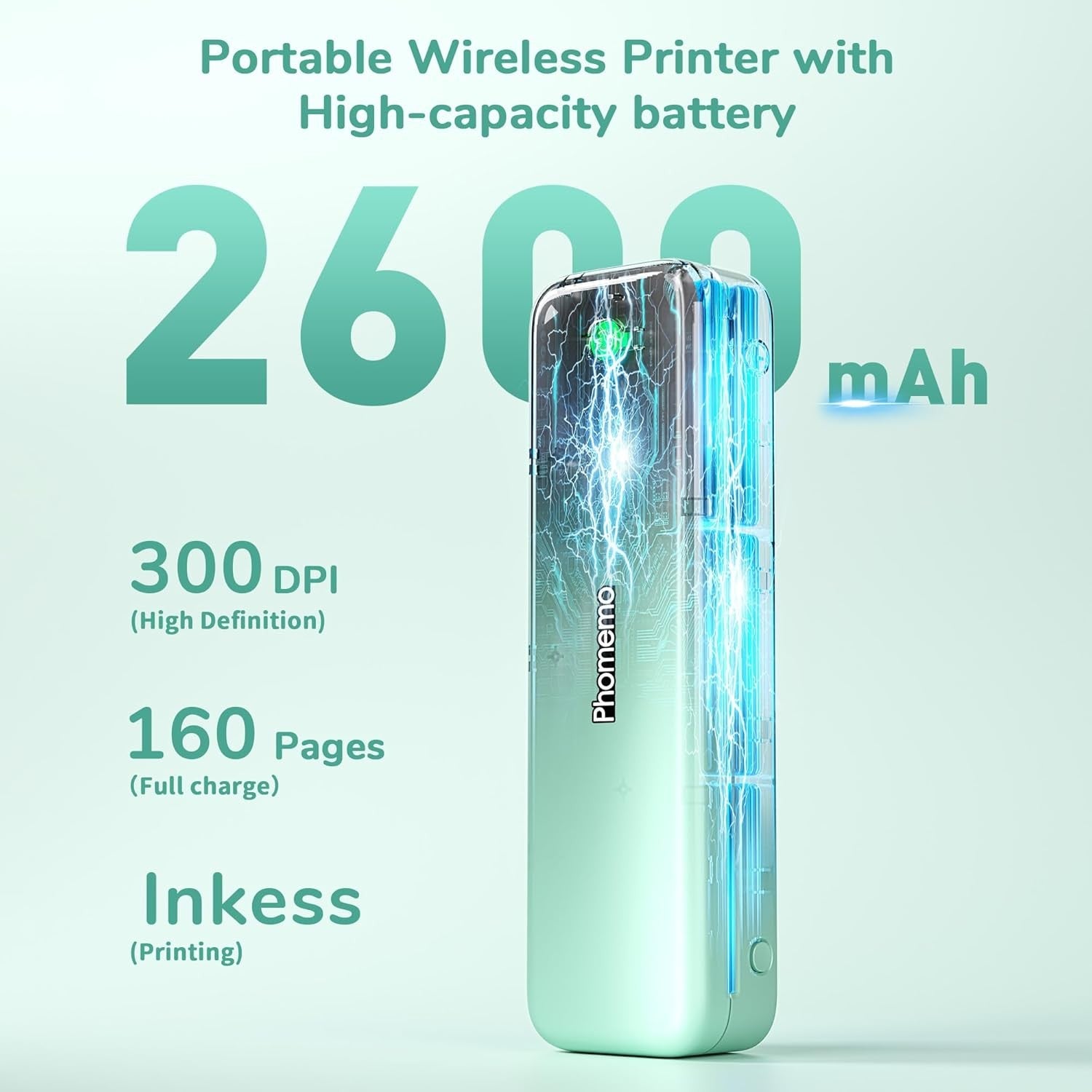 Portable A4 Thermal Printer Bluetooth Inkless 4 Rolls Green