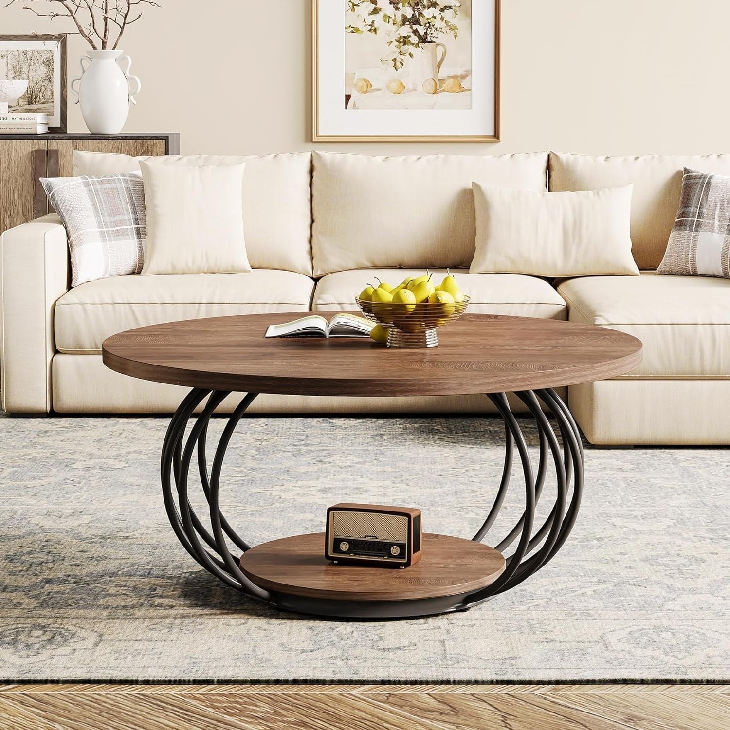Round 2-Tier Coffee Table with Storage, Metal Frame & Wooden Grain Top