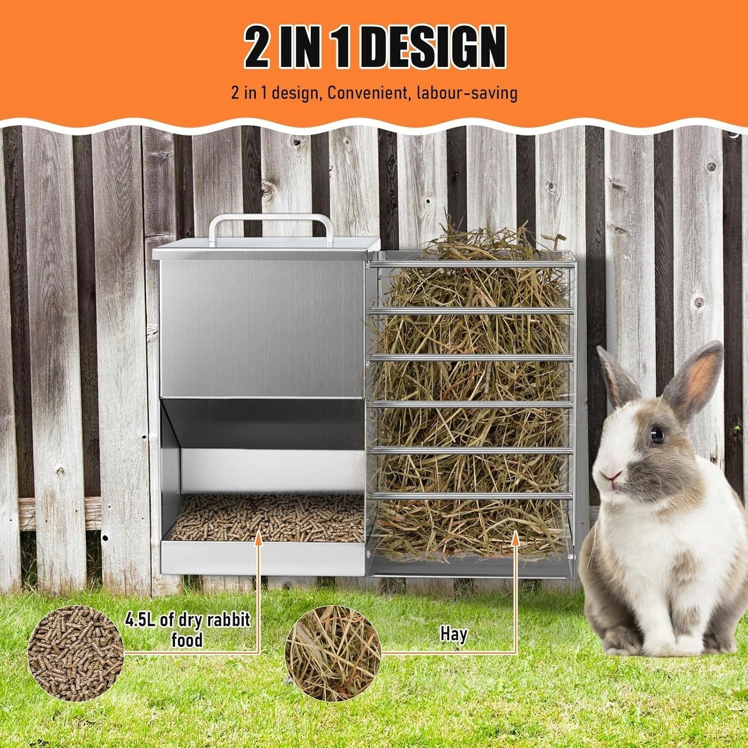 2 in 1 Rabbit Feeder Hay Rack Water Bottle Stainless Steel Food Dispenser