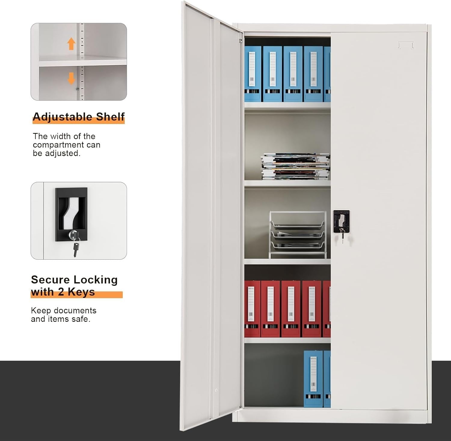 Lockable Metal Storage Cupboard 5 Shelves Adjustable Heavy Duty Office