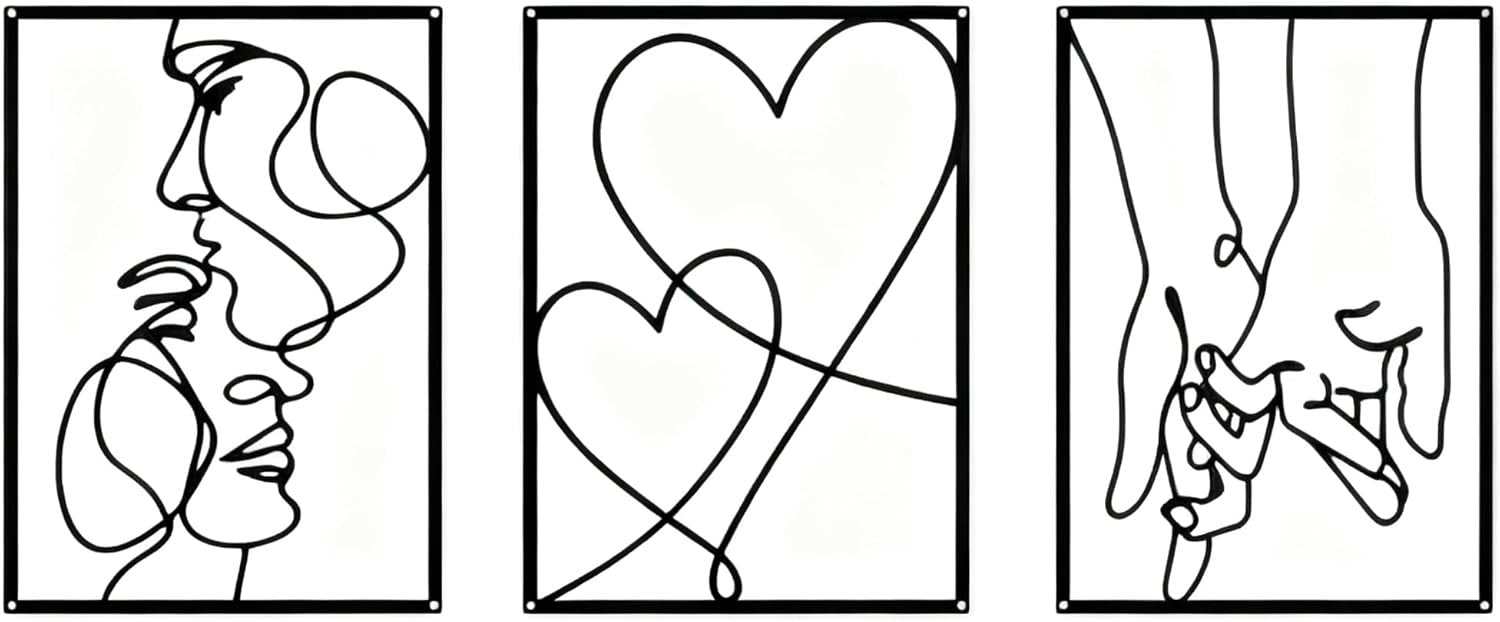 Black Metal Wall Art Set of 3 Modern Line Love Abstract 40x28cm