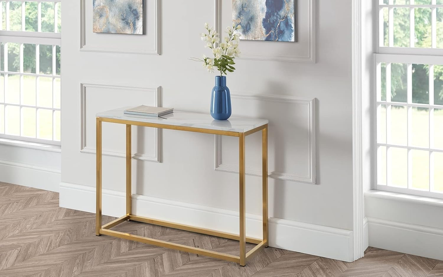 White Marble Console Table with Gold Legs – Stylish Entryway Storage