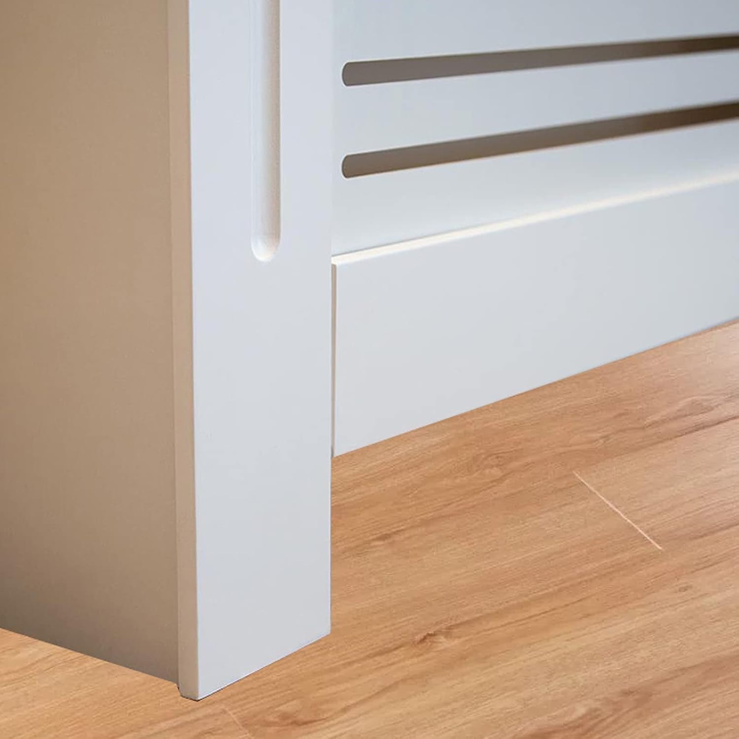 High Radiator Cover White MDF Cabinet | Vertical Slats Modern Shelf 111cm