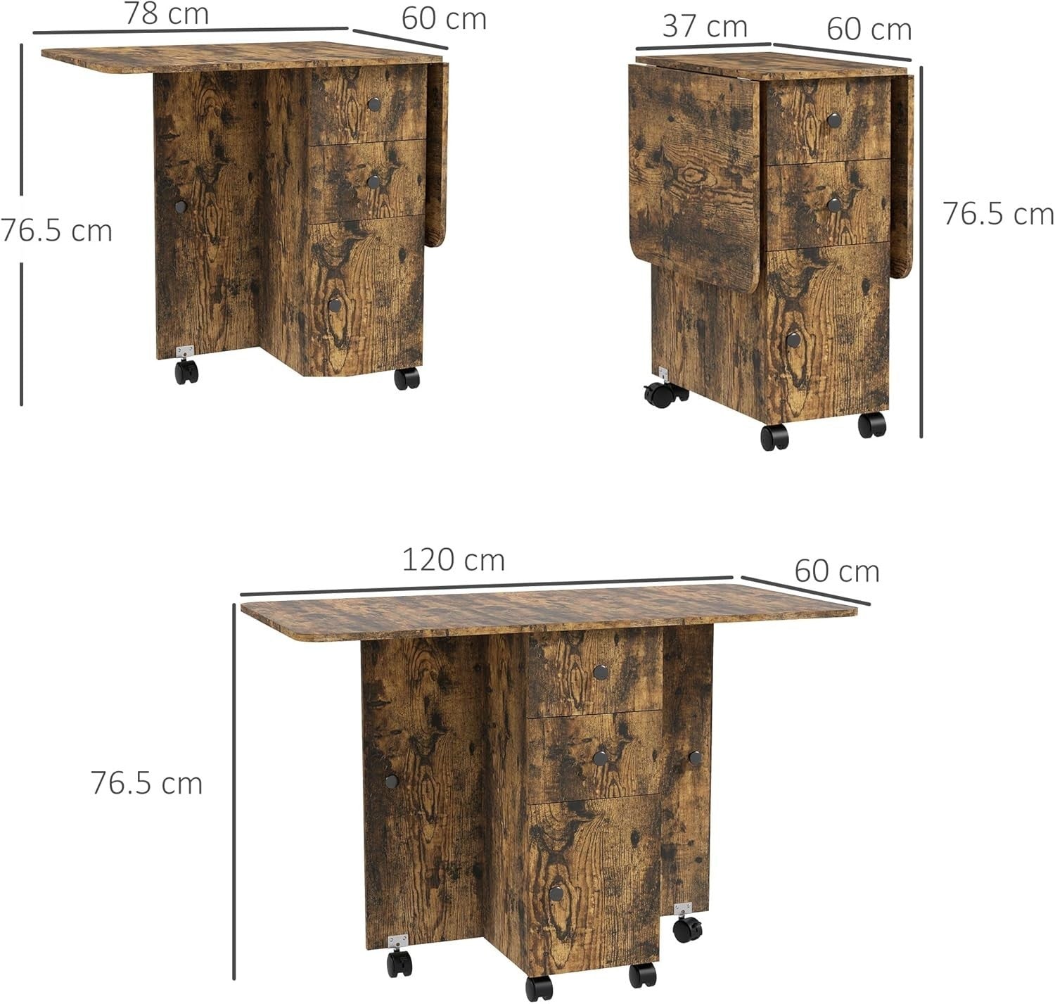 Folding Drop Leaf Dining Table 4-6 Seater on Wheels with Storage Rustic Brown