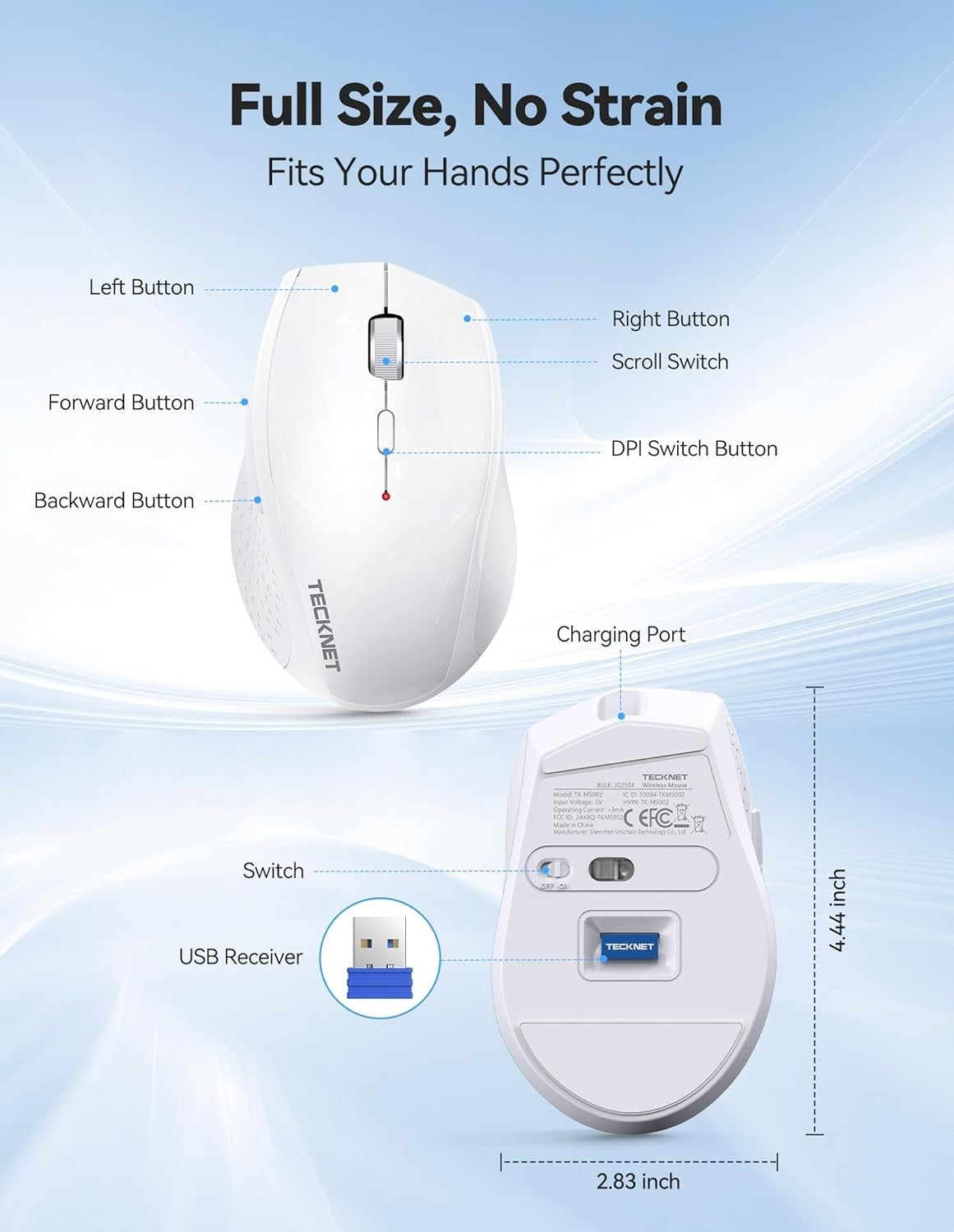 White Rechargeable Wireless Mouse 6400 DPI Silent Ergonomic USB for Laptop PC
