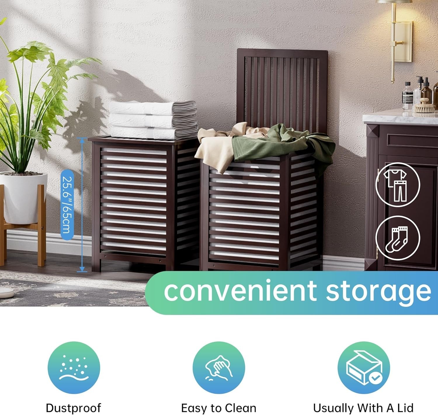 Double Bamboo Laundry Hamper with Lid 120L 2 Section Basket Brown 47x47x65cm